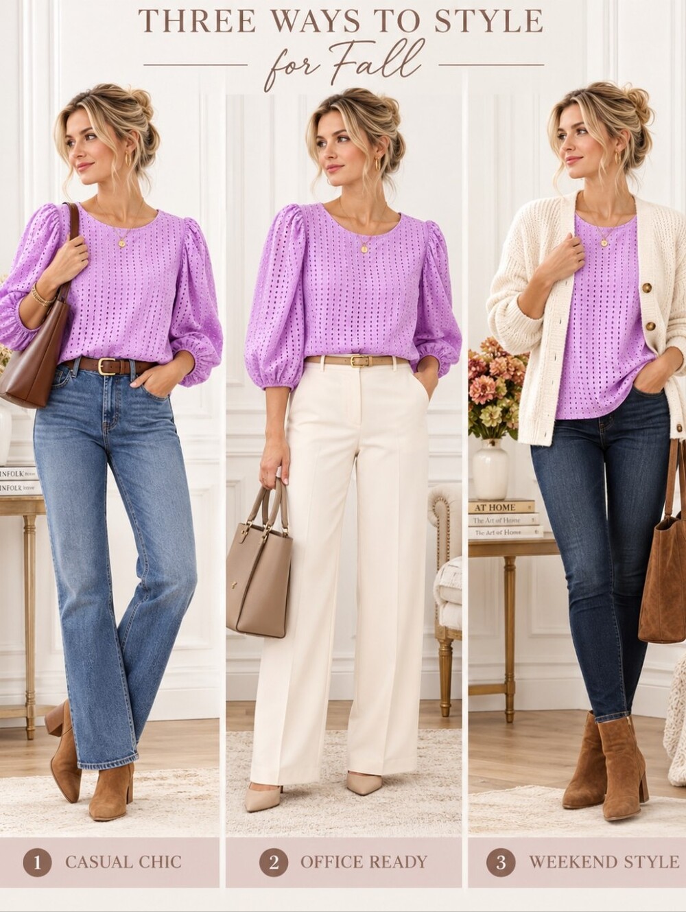 A New Day | Size Large Lavender Eyelet Cotton Puff Sleeve Lined Blouse - Picture 2 of 8